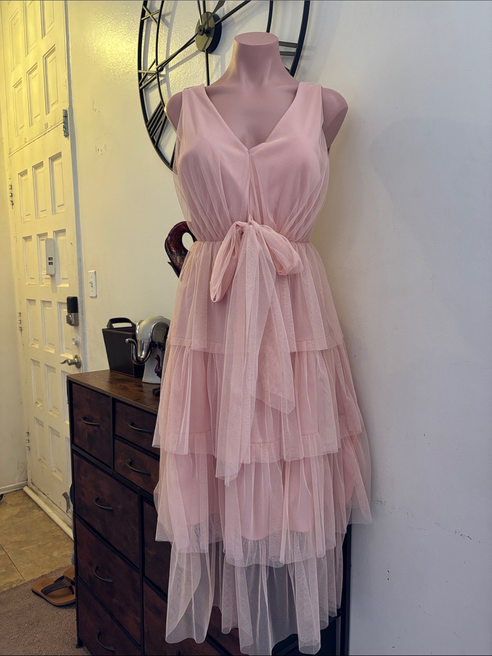 #232 Women's Pink Tiered V-Neck Tie-Waist Dress
